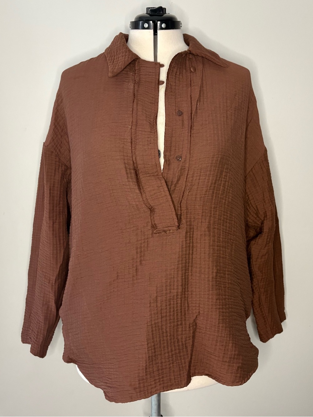 Zara Brown Oversized Textured Cotton Button-Down Tunic